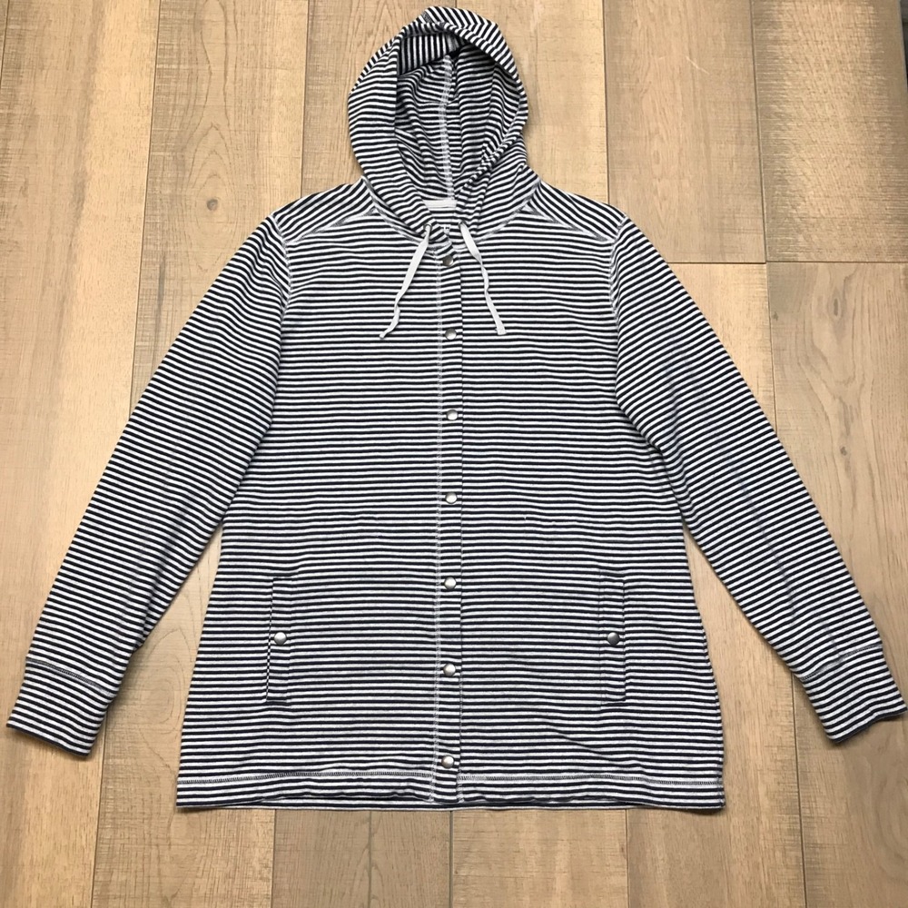 L.L. Bean Jacket Womens Size L Gray Blue Striped Hooded Snap Sweatshirt Cozy